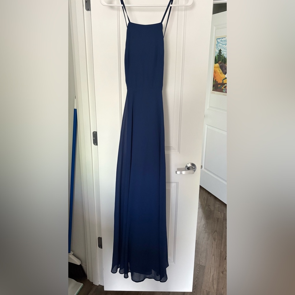 Lulu's Navy Spaghetti Strap Cross Strap Maxi Dress